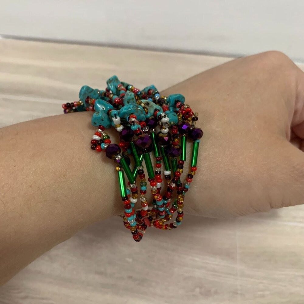 Glass Beaded Turquoise Multistrand Bracelet Beaded Toggle - Picture 2 of 11